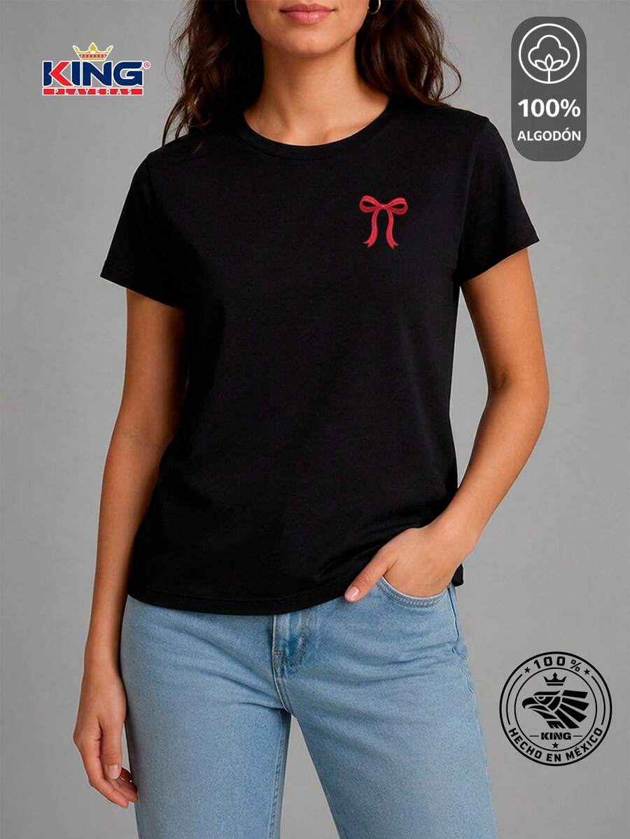 SHENDY VENDY Women's T-Shirt 100% Cotton, Short Sleeve, Round Neck, Soft And Comfortable T-Shirt, Minimalist Red Bow Print - 黑色 - 查看 1
