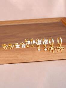 10PCS Gold Color Bowknot Hoop Earrings Sets For Women 18K Gold Plated Fashion Zirconia Flower Ear Stud Unique Korean Fashion Jewelry - 10PCS-gold - View 2