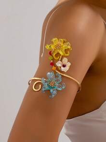 1pc Yellow Vibrant Heavy-Duty Handmade 3D Flower Arm Cuff With Contrast Beaded Design, Open Adjustable Bracelet - Multicolor - View 3