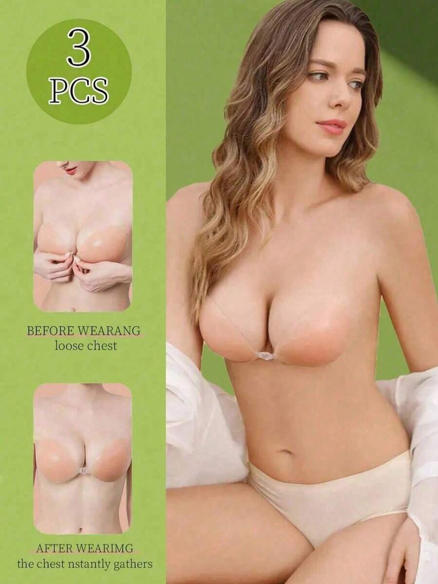 3pcs Skin-Tone Silicone Breast Petals, Front Closure Lift & Cleavage, Invisible Seamless Anti-Slip Sweat-Proof, Suitable For Backless Dress/Gown/Camisole - Multicolor - View 1