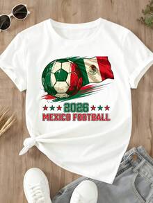Camiseta de Fútbol de México 2026 con Diseño de Balón y Bandera para Eventos Deportivos y Uso de Aficionados, Blusas Casuales para Dama - Blanco - Ver 2