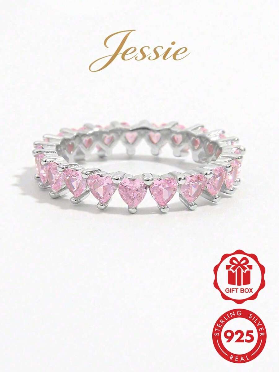 Jessie Jewelry 1件浪漫閃亮925純銀立方鋯石滿心形設計戒指,婚禮情人節禮物 - 粉色 - 查看 1