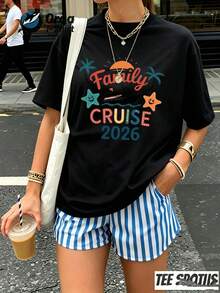 Women's Y2K Casual Summer T-Shirt 2026, New Women's Pure Cotton Crew Neck Short Sleeve T-Shirt With "Family Cruise 2026" Print And Text, Fashion Brand Top, Ad - 黑色 - 查看 1