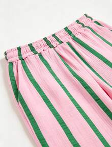 Women's Summer Pink Striped Wide Leg Pants, Elastic Waist Casual Loose Beach Pants, Bohemian Vacation Outfit Pink Vertical Stripe Straight Leg Pants, Loose Fit - Pink - View 4