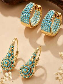 2 Pairs/Set Fashionable Elegant Women's Earrings With Turquoise Inlay, Bohemian Style U-Shaped Hoop Earrings, Suitable For Daily Wear, Banquet, Party, Travel, Vacation, Decoration - Multicolor - View 3
