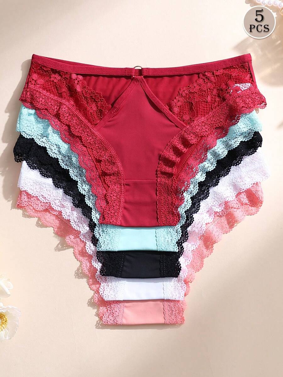 5件組女款性感蕾絲內褲,低腰無縫冰絲鏤空內褲 - 彩色 - 查看 1