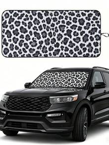 1pc Grey Leopard Print Car Windshield Sunshade, Black Rubber Material, Foldable, Easy Storage, Blocks Sunlight And UV Rays, Cools And Protects Car Interior - A - View 2
