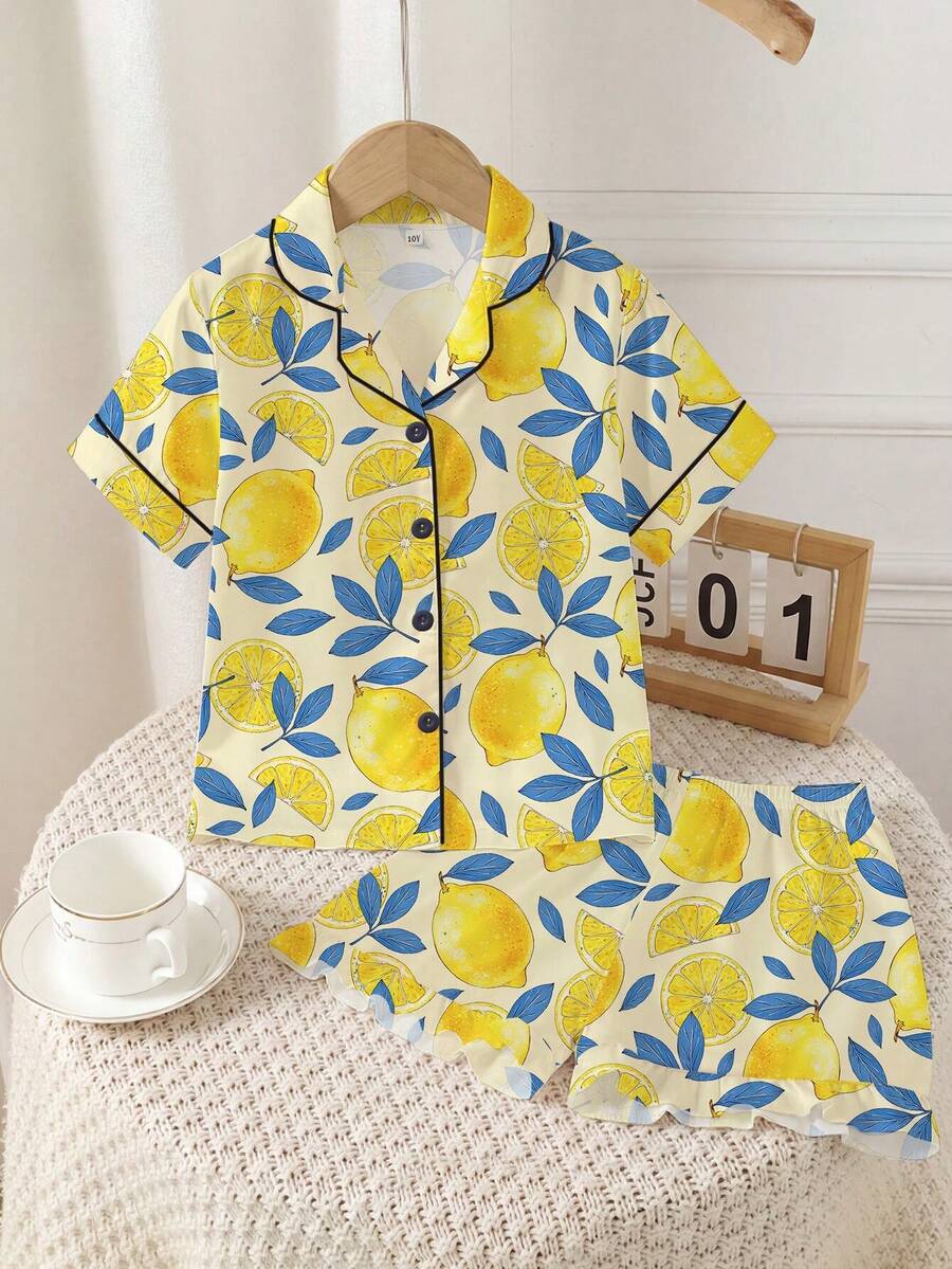 2pcs/Set Tween Girl Lemon Tree Leaf Print Short Sleeve Pajamas, Children's Fashion Short Sleeve Shirt And Ruffle Hem Shorts Set, Lemon And Leaf Print, Suitable For Children And Teenagers Daily, Casual, Vacation Wear - Multicolor - View 1