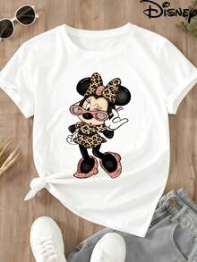 Disney Minnie Mouse Leopard Print Women's Plus Size Round Neck T-Shirt With Sunglasses And Glitter Shoes Casual Wear - 白色 - 查看 4