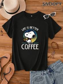 Life Is Better With Coffee 夏季休閒百搭 Snoopy 女款圓領短袖寬鬆針織簡約基礎款 T-shirt - 黑色 - 查看 1