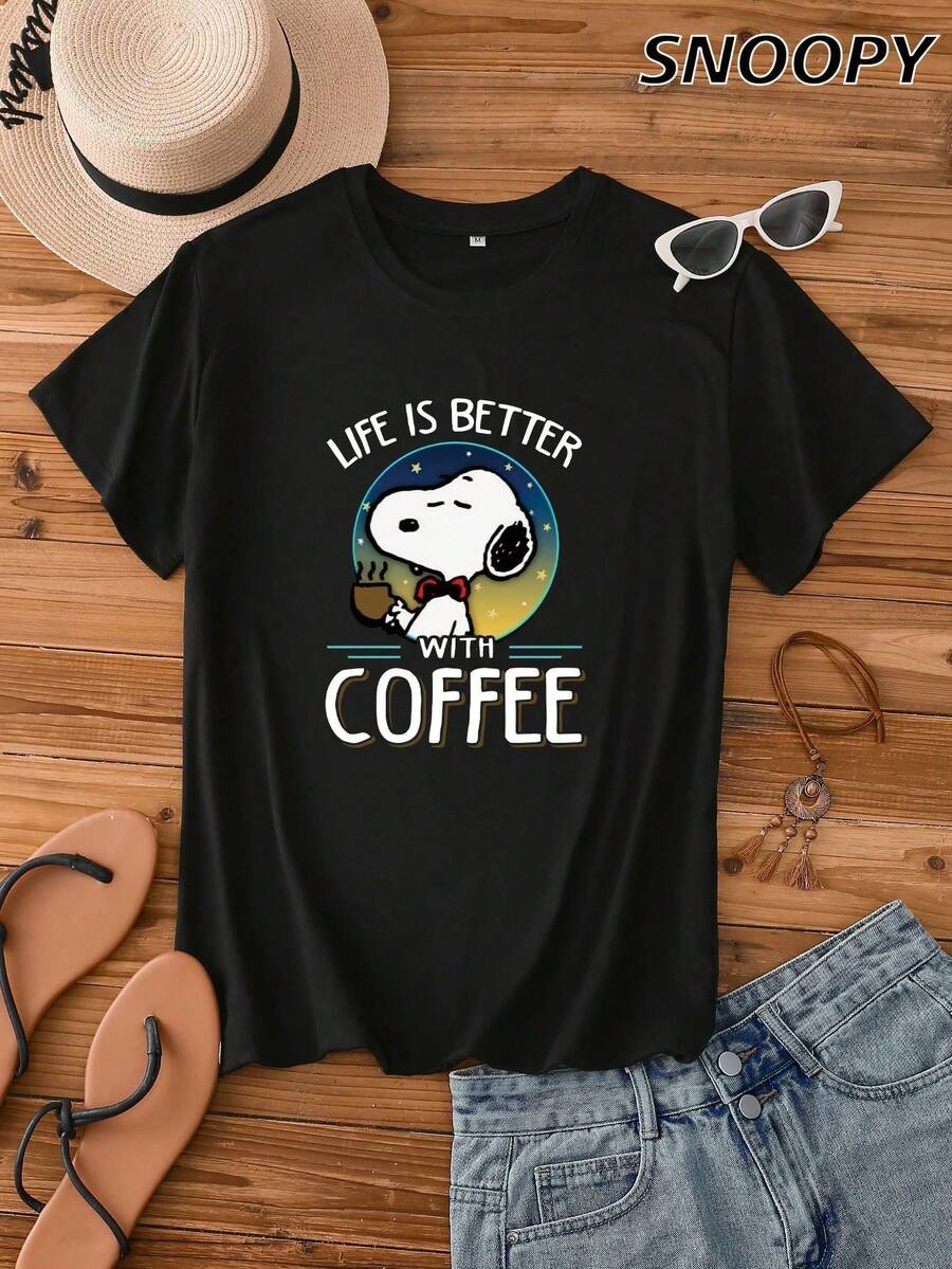 Life Is Better With Coffee 夏季休閒百搭 Snoopy 女款圓領短袖寬鬆針織簡約基礎款 T-shirt - 黑色 - 查看 1