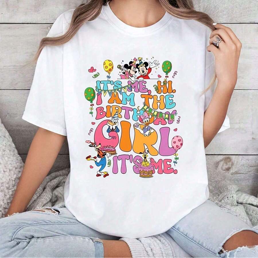 Remera con Estampado de Cumpleaños Manga Corta Cuello Redondo Streetwear Casual Estilo Urbano Retro Blusa Ropa de Mujer - Blanco - Ver 1