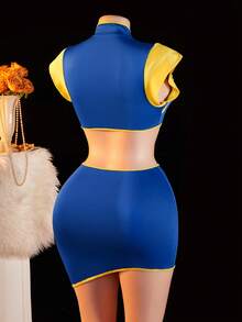 2 Pcs Women's Sexy Lingerie Set, Short-Sleeved Top With Button-Designed Slimming Skirt, Chinese Cheongsam, Role-Playing Uniform Set. - Blue - View 2