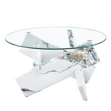 Round Coffee Table In MDF And Glass (Colors Of Your Choice): Textured Grey Cross Legs, Simple And Modern Style. Diameter: 79 Cm, 0.8 Cm Thick Tempered Glass Top. - White - View 8