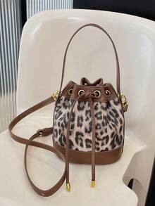 Women's Bucket Bag, Casual Straw Drawstring Crossbody Shoulder Bag - Khaki - View 1