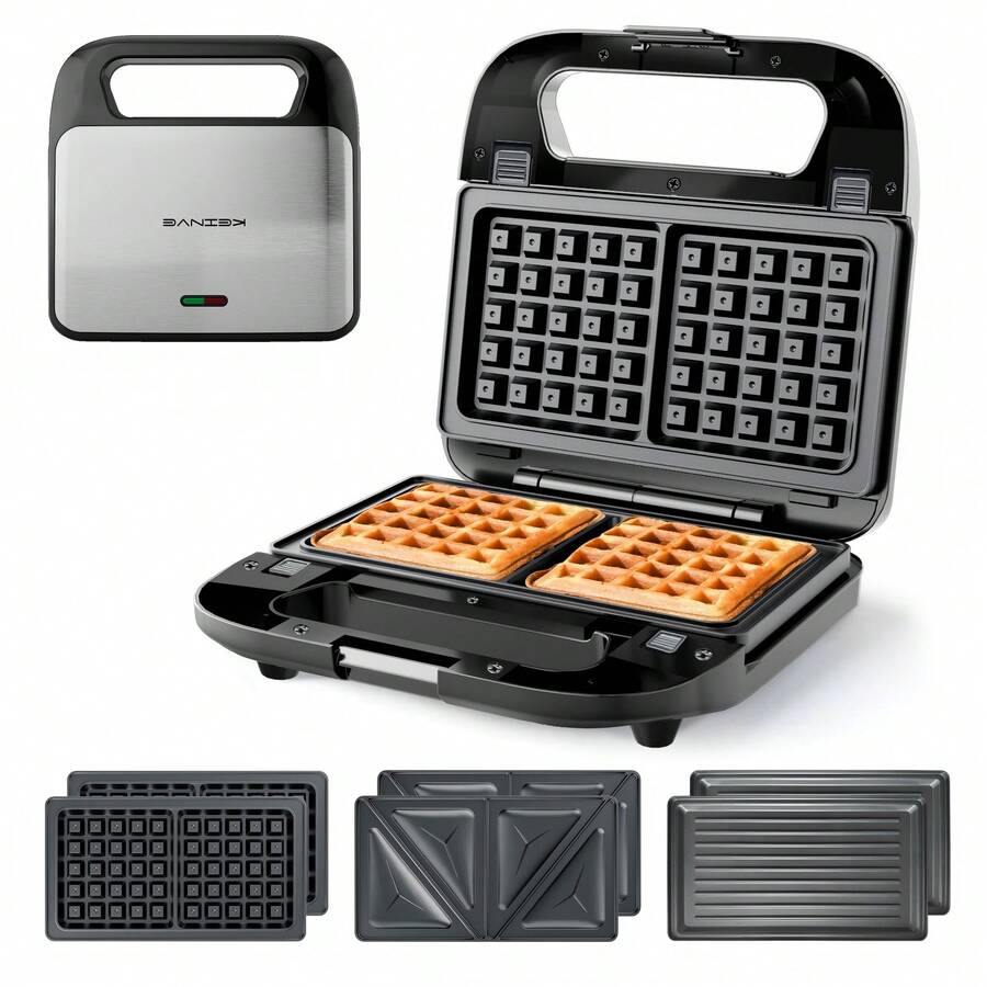 CACHOO KEINVE 3-In-1 Sandwich Maker, Panini Press & Waffle Iron - Indoor & Outdoor Electric Grill With Removable Non-Stick Plates, Cool-Touch Handle, LED Light, Easy Clean, 750W - Perfect For Home, Kitchen, Camping & Travel