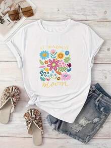 n estampado de patrón floral, casual para mujer, de vacaciones, de manga corta y cuello redondo, para primavera y verano, lavable a máquina, nueva ropa de mujer, versátil de estilo urbano, S - [Blanco] - Ver 1
