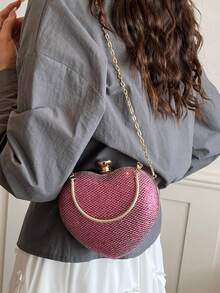 1 Buah Tas Clutch Malam Bentuk Hati Berkilau dengan Gesper Cincin Berlian Imitasi dan Tali Rantai Logam Tipis, Tas Selempang Pesta Pernikahan Gaya Gadis Manis dan Keren #HeartShapeEveningClutch #GlitterMiniBag #RhinestoneRingClasp #PartyCrossbodyPurse - Berwarna merah muda - View 10