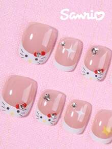Sanrio Hello Kitty 24片短方型白色法式穿戴甲，可愛Hello Kitty、蝴蝶結、星星與水鑽設計，完美貼合壓克力假指甲套組，含1片果凍膠與1片指甲锉，適合女孩日常與派對使用 - 彩色 - 查看 3