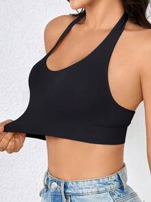 Seamless Sports Bra And Tank Top - Ribbed Halter Yoga Top With Open Back - 白色 - 查看 3