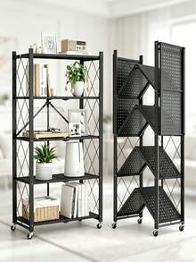 1pc 4-Tier Foldable Metal Storage Shelf With Lockable Wheels, Kitchen Storage Rack，No Assembly Rolling Organizer Rack, Sturdy\durable, Heavy Duty Display Shelving Unit For Kitchen Living Room Bedroom Bathroom Balcony, Nordic Minimalist Storage Rack - 查看 1