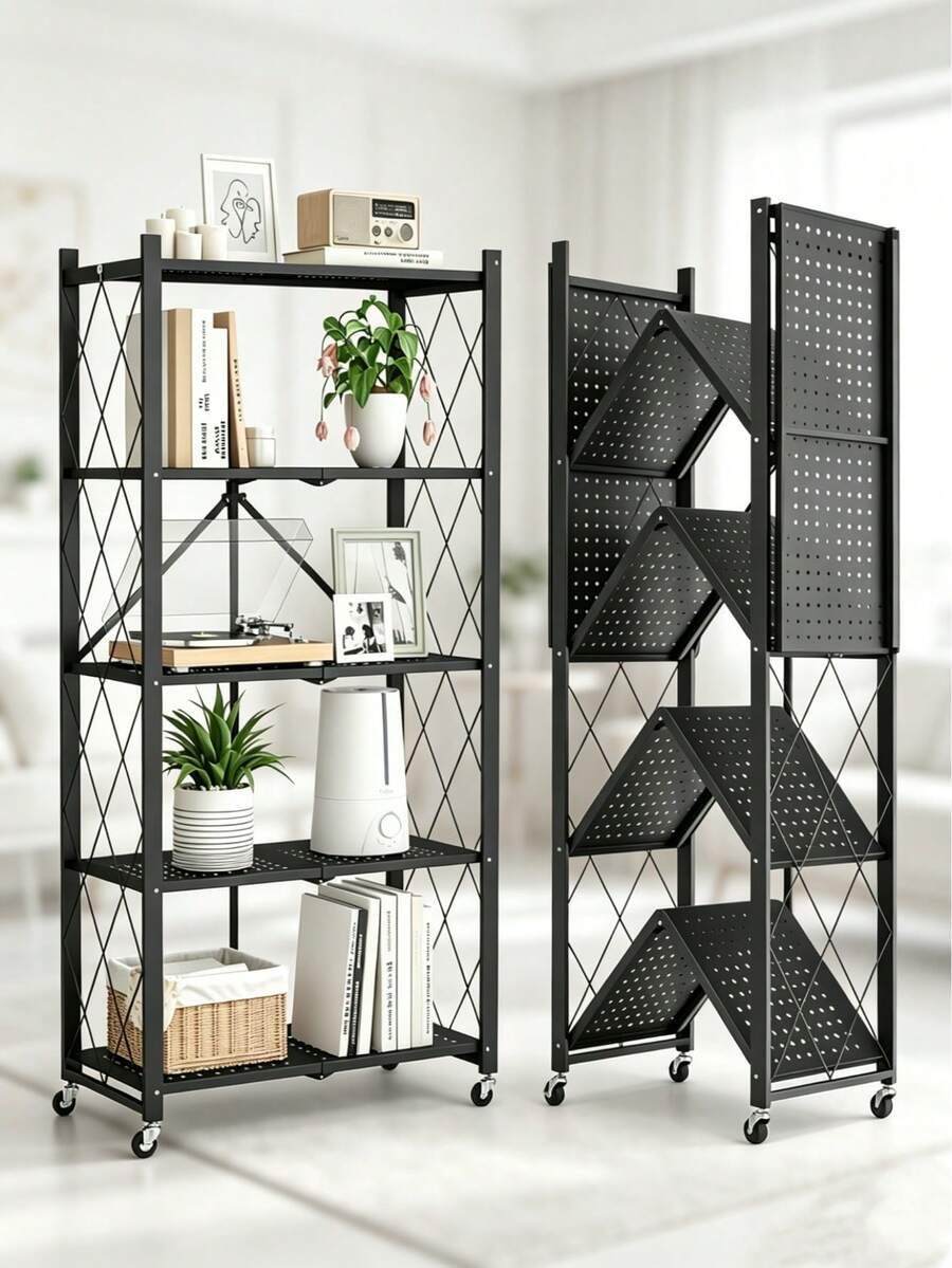 1pc 4-Tier Foldable Metal Storage Shelf With Lockable Wheels, Kitchen Storage Rack,No Assembly Rolling Organizer Rack, Sturdy\durable, Heavy Duty Display Shelving Unit For Kitchen Living Room Bedroom Bathroom Balcony, Nordic Minimalist Storage Rack - 查看 1