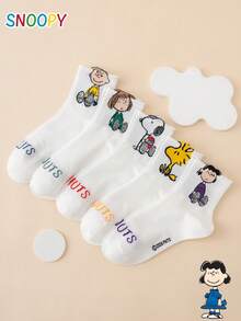 5雙 SNOOPY 系列正版 Charlie Brown 小狗字母圖案趣味卡通女款中筒襪 - 彩色 - 查看 3
