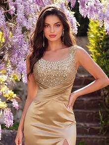 Beaded Mermaid Evening Gown, Slimming High Slit Toasting Dress, Elegant Elegant Long Dress Wedding Party - Champagne - View 6