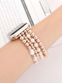 Beaded Bracelet, Compatible With Apple Watch Bands 41mm 40mm 38mm 42mm 44mm 45mm 49mm, Women's Version, Golden Beads, Handmade Elastic Strap, Suitable For Series SE 9 8 7 6 5 4 3 2 1, Couple Gift, Golden Bracelet Set - Rose Gold Pearl White - View 4