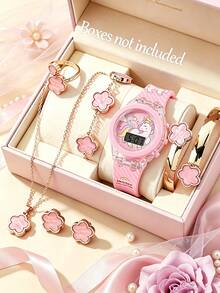 1/7pcs Cute Girls Silicone Watch Unicorn, Rainbow Horse Pattern LED And Five-Leaf Clover Jewelry - Pink - View 10