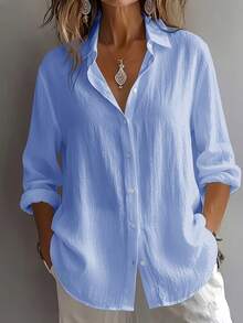 Camisa Mujer Cuello Solapa Color Menta Claro de Manga Larga, Tejido con Textura Arrugada Suelto, Botones Delanteros para Estilo Casual y Oficina - azul claro - Ver 11