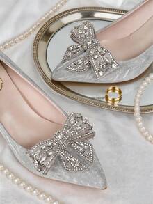 2 piezas de accesorios desmontables para zapatos con lazo de strass en plata, oro y albaricoque, hebilla decorativa para zapatos, estilo elegante de lujo, accesorios DIY para zapatos de tacón alto, zapatillas, zapatos blancos, zapatos casuales, mocasines, zapatos de novia, accesorios para zapatos de boda, un zapato con múltiples usos - Plateado - Ver 4