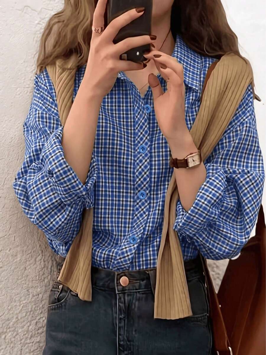 女款秋季休閒格紋長袖襯衫,前開鈕扣落肩設計上衣,標準版型梭織面料,四季皆宜 - 藍色(格子) - 查看 1