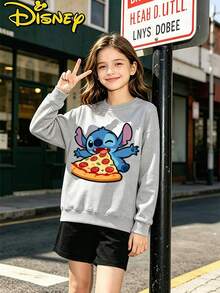 Teen Girl Clothes Disney Lilo And Stitch Pizza Food Print Loose Fit Crewneck Sweatshirt - 灰色 - 查看 3