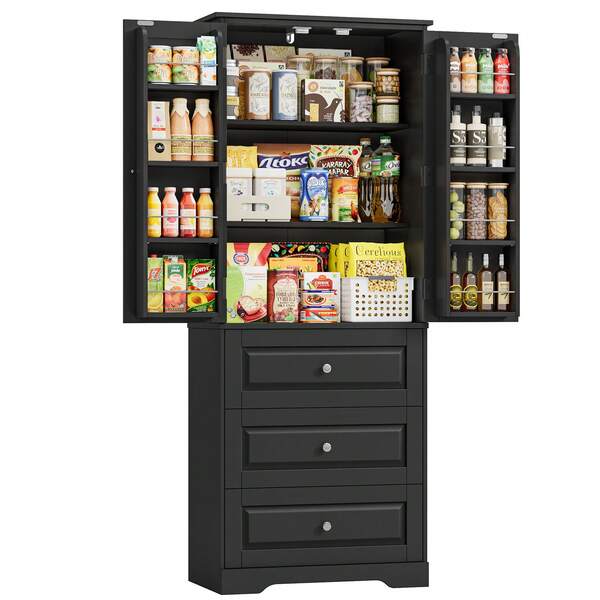 Kitchen Cupboard Pantry Cupboard Kichen Cabinet Tall Kitchen Cupboard Sideboard Storage Cabinet Larder Cupboard With 2 Doors 2 Drawers, Freestanding Cupboard 60x40x150cm Black