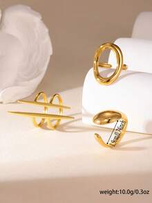 GEREIT Juego de 3 anillos de acero inoxidable chapados en oro de 18K con patrón geométrico asimétrico, adecuados para el uso diario de las mujeres - Dorado - Ver 4