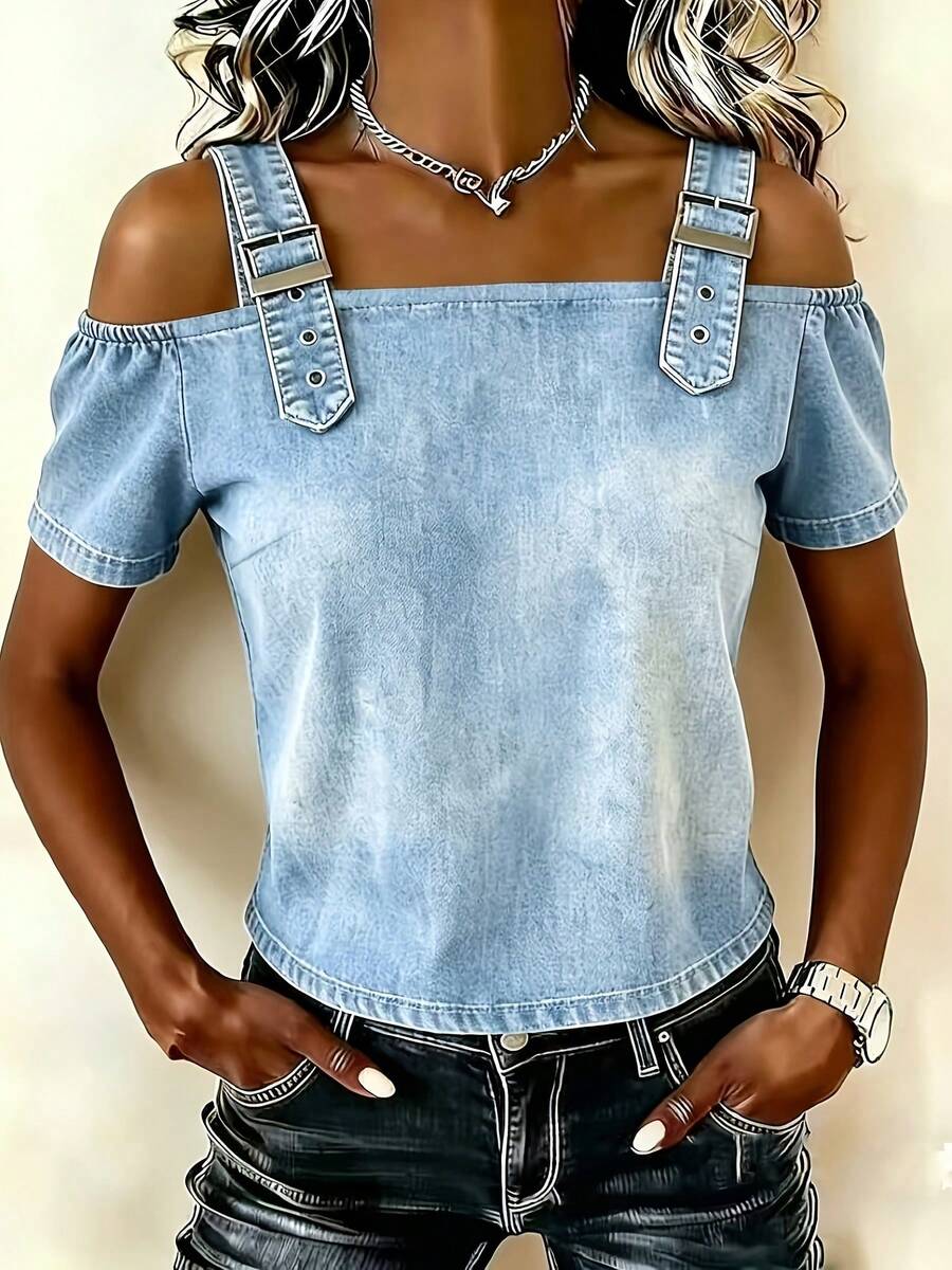 Top de mezclilla de manga corta con hombros descubiertos para mujer - Celeste - Ver 1