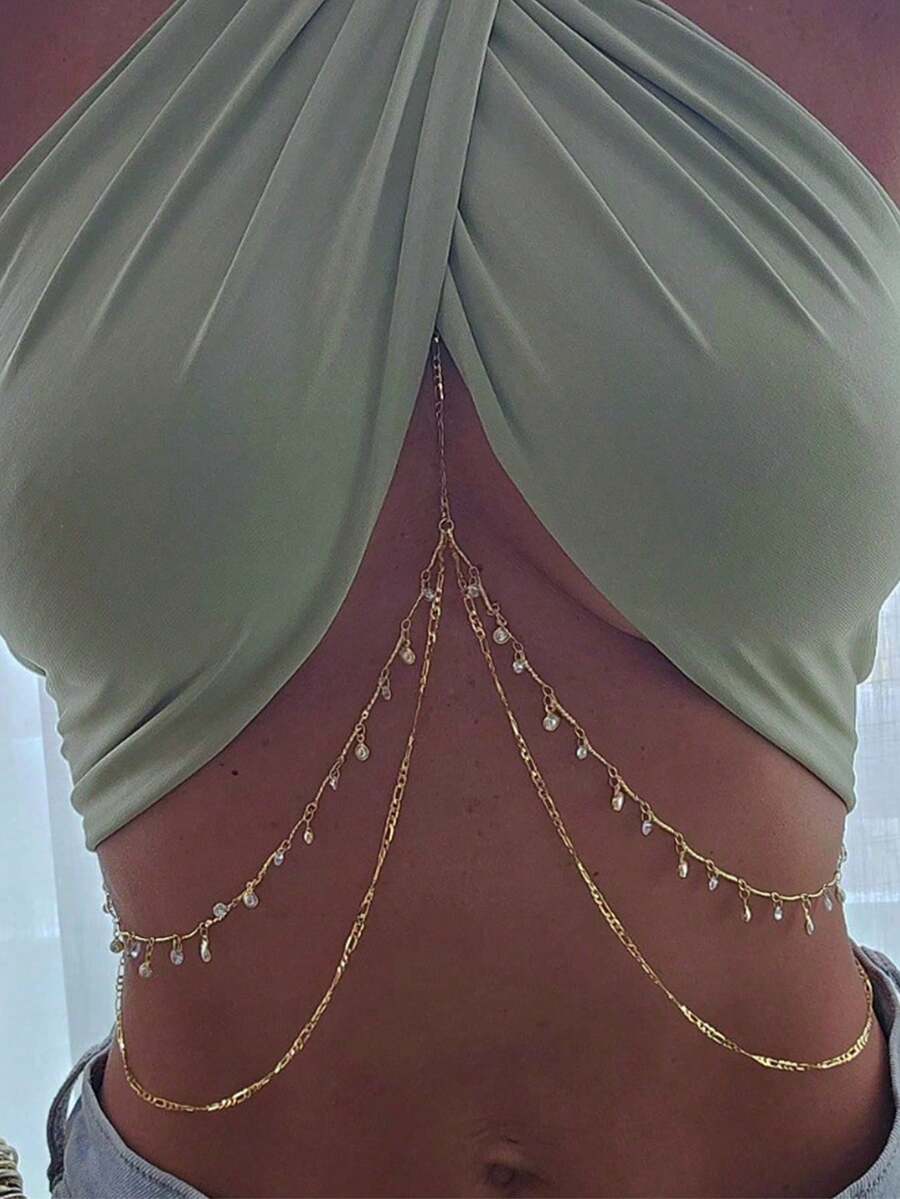 pieza de cadena corporal con adornos de cristal, elegante y sexy, adecuada para fiestas, ropa de playa, regalo de vacaciones. - Oro 6 - Ver 1