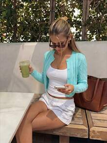Women's Hollow Knit Short Cardigan, Lightweight Button Front Long Sleeve Round Neck Short Knit Sweater, Suitable For Spring, Summer, Autumn Daily Street Wear - Cadet Blue - View 7