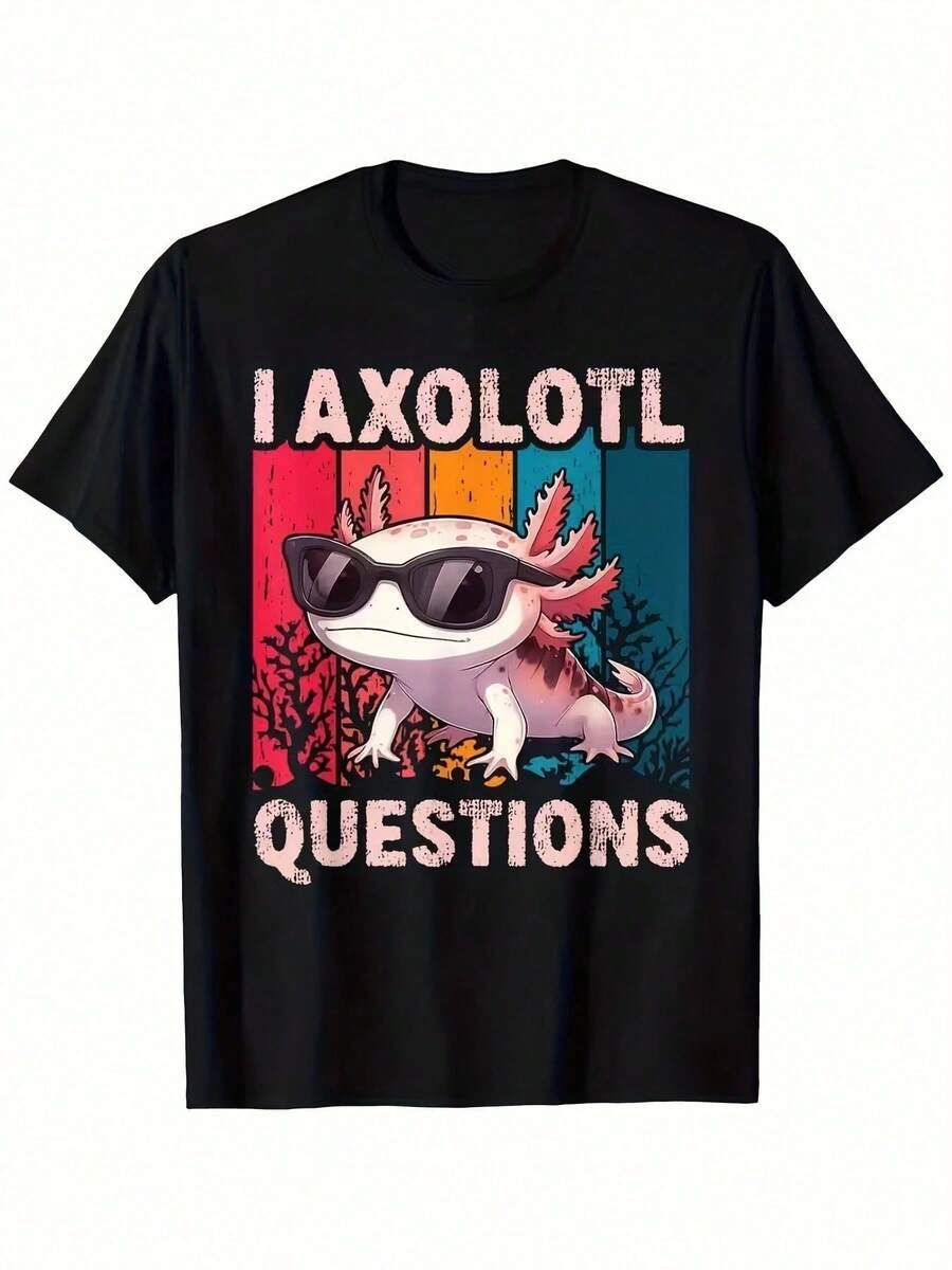 Kawaii Axolotl Graphic T-Shirt, Short Sleeve, Casual Fashionable Youth Retro Vintage Style Top For Girls, Urban Women's Clothing - 黑色 - 查看 1