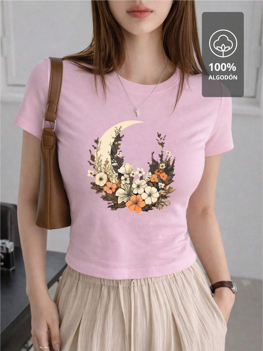 SHENDY VENDY Women's T-Shirt, 100% Cotton, Short Sleeves, Round Neck, Soft And Comfortable. Botanical Design With A Floral Crescent Moon, Natural And Elegant Style. - 粉色 - 查看 1