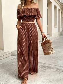 Ins, Blogger Favorite: Off-The-Shoulder Ruffle Crop Top + Wide-Leg Pants With Pockets And High Waist - Brown - View 1