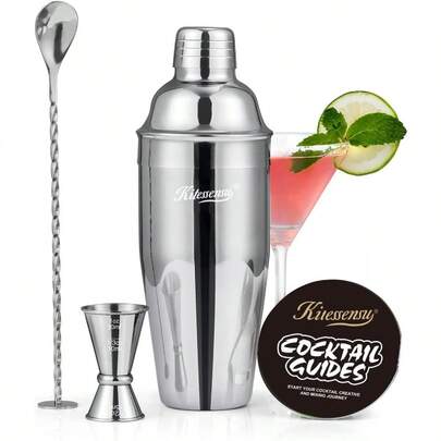 Cocktail Shaker, KITESSENSU 24oz Drink Shaker With Bartender Strainer, Measuring Jigger, Bar Mixing Spoon, Cocktail Recipe Guide, Professional Drink Mixer Set For Beginners, Silver