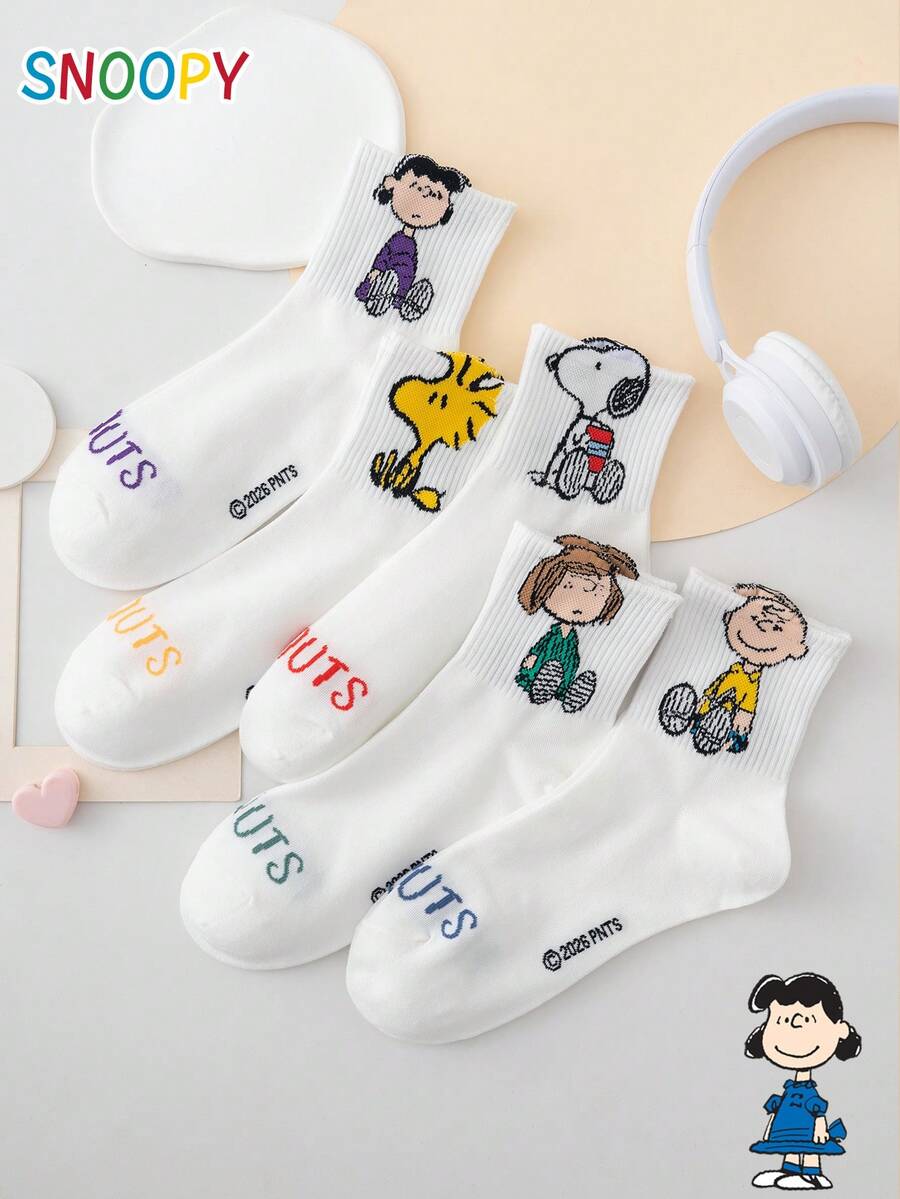 5雙 SNOOPY 系列正版 Charlie Brown 小狗字母圖案趣味卡通女款中筒襪 - 彩色 - 查看 1