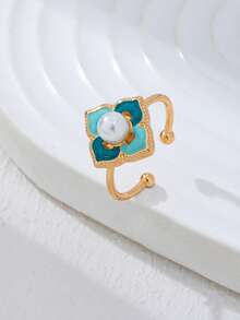 Set Perhiasan Wanita Motif Daun Semanggi Enamel Antik, Kalung, Gelang, Cincin, dan Anting-anting Mutiara Imitasi Berlapis Emas, 5 Buah Aksesori Serasi - MultiWarna - View 15