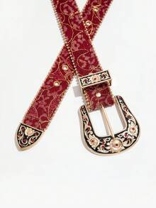 1pc Multi-Color Bohemian Pattern Floral Buckle Metal Buckle Colorful Floral Women's Decorative Waist Belt For Commute And Daily Use - Wine Red Lace - View 6
