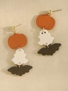 1 Pair Halloween Acrylic Engraved Pumpkin Earrings With Soft Clay-Like Texture Ghost & Bat Dangle Earrings For Kids - Multicolor - View 2