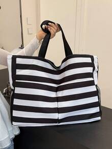 Bolso de lona de gran capacidad para mujer, bolso de hombro a rayas para ir al trabajo y hacer compras - Negro - Ver 3