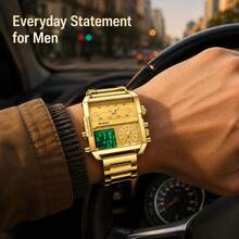 BINBOND 1PC Men's Luxury Gold Stainless Steel Strap Luminous Water-Resistant Square Shape Multi-Functional Quartz Watch For Business Gifts Souvenir - Multicolor - View 10