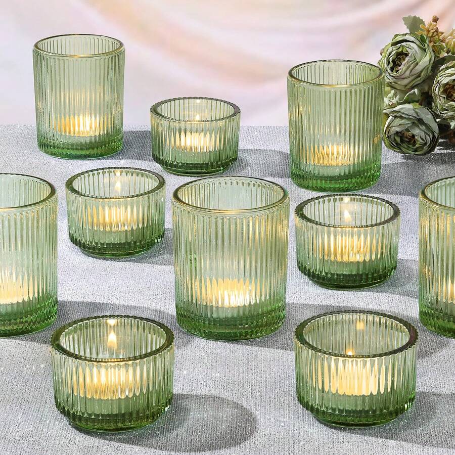 2PCS Ribbed Gold Votive Candle Holders, Assorted Glass Tea Light Candle Holders For Wedding Centerpieces, Brithday, Party And Holiday Decorations - Green - View 1
